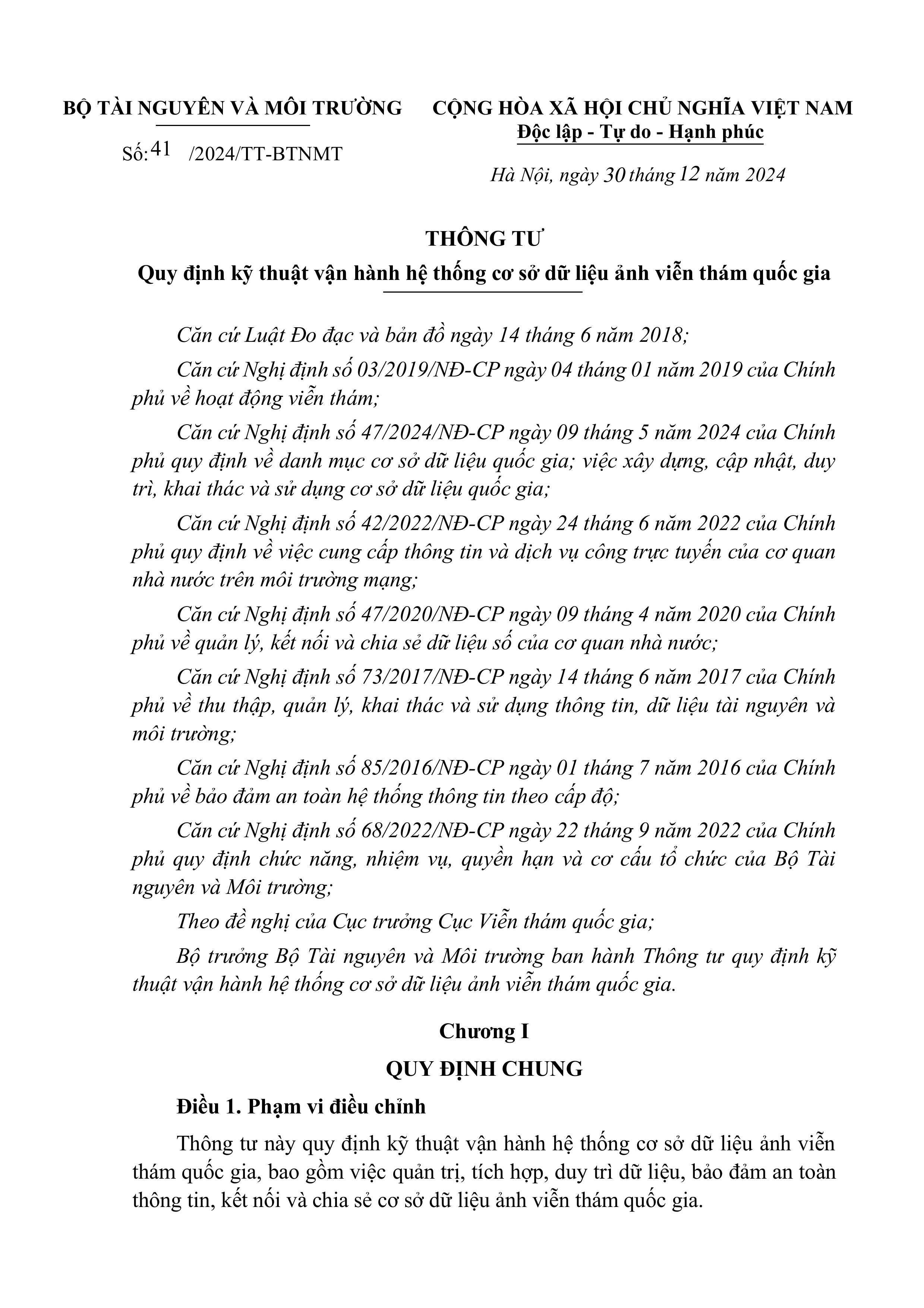 Nội dung chính của thông tư số 41/2024/TT-BTNMT “Quy định kỹ thuật vận hành hệ thống cơ sở dữ liệu ảnh viễn thám quốc gia”

