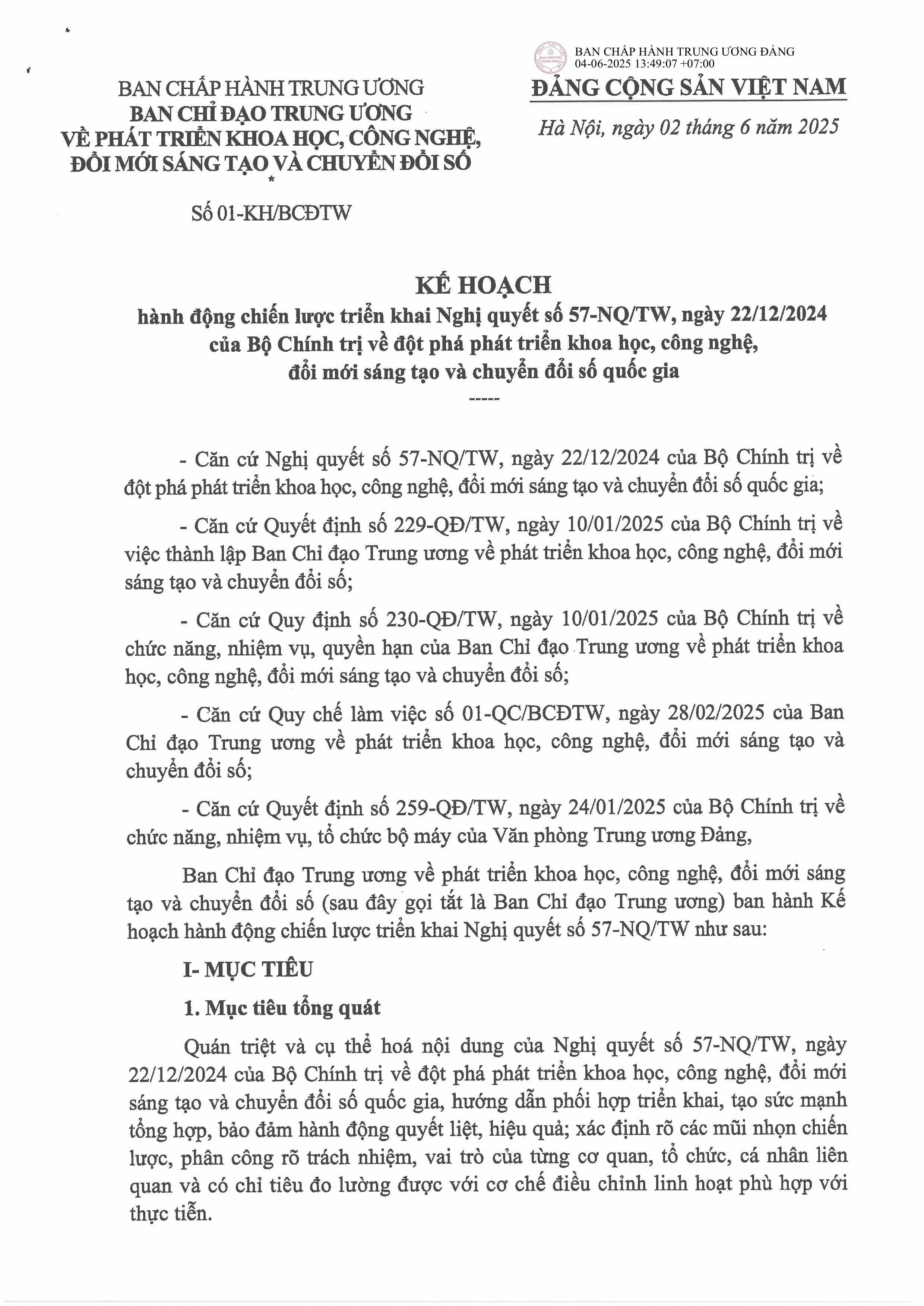 Kế hoạch số 01-KH/BCĐTW ngày 02/6/2025 của Ban Chỉ đạo Trung ương hành động chiến lược triển khai Nghị quyết số 57-NQ/TW ngày 22/12/2024 của Bộ Chính trị về đột phá phát triển khoa học, công nghệ, đổi mói sáng tạo và chuyển đổi số quốc gia
