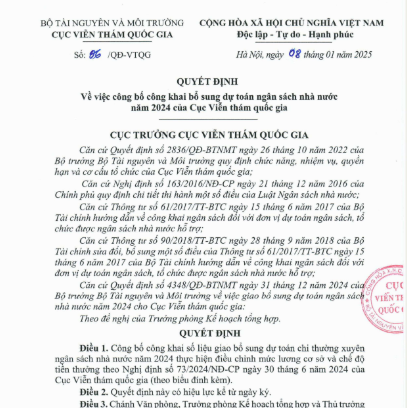 Về việc công bố công khai bổ sung dự toán ngân sách nhà nước năm 2024 của Cục Viễn thám quốc gia